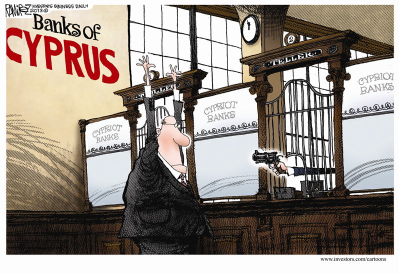 <small>Image above: Cartoon of Cypriot bank teller robbing customer by Michael Ramirez.</small>
